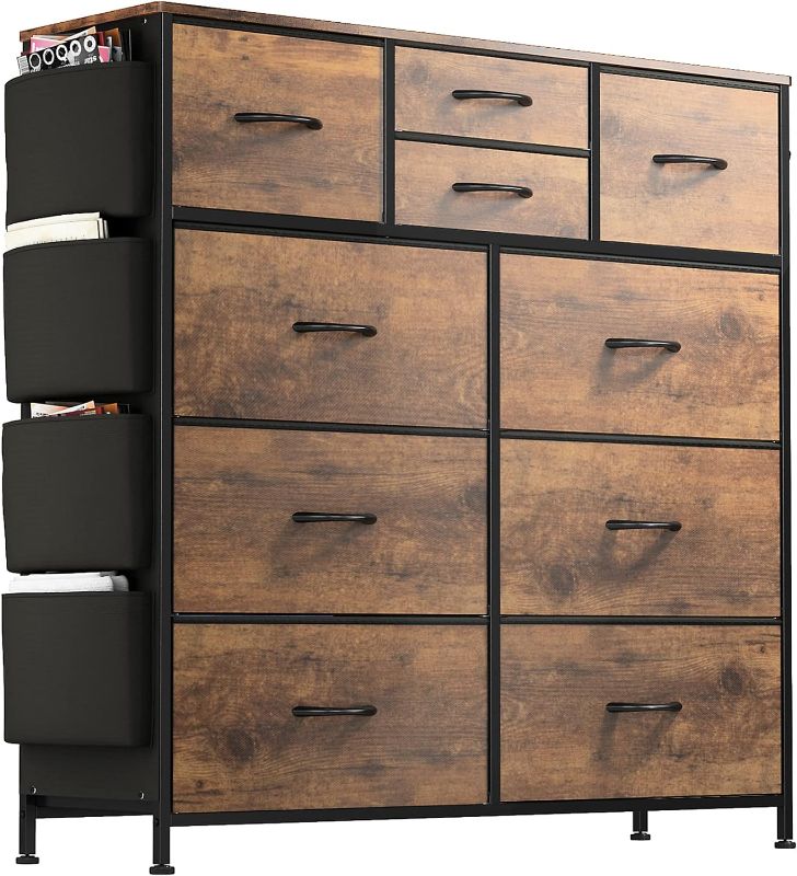 Photo 1 of 10 Drawer Dresser, Chest of Drawers for Bedroom with Side Pockets and Hooks, Fabric Storage Dresser, Sturdy Steel Frame, Wood Top, Organizer Unit for Living Room, Hallway, Closet (Rustic Brown)