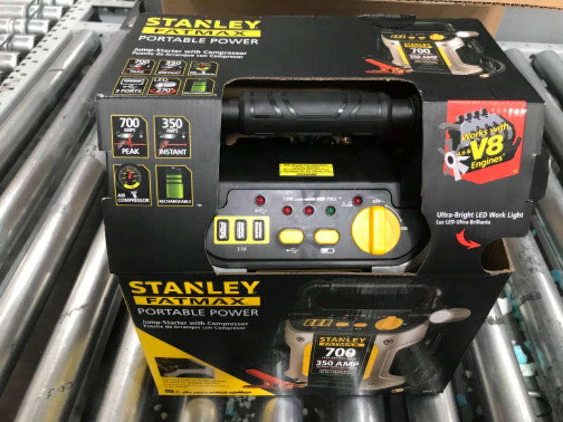 Photo 2 of STANLEY FATMAX J7CS Portable Power Station Jump Starter: 700 Peak/350 Instant Amps, 120 PSI Air Compressor, 3.1A USB Ports, Battery Clamps