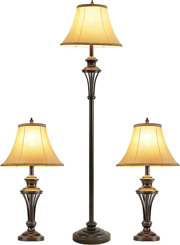 Photo 1 of 3 Pack Lamp Set (2 Table Lamps, 1 Floor Lamp), 3-Piece Vintage Style Table and Floor Lamp Set in Bronze Finish with Brown Fabric Lamp Shades, 26" and 61"(H), Solid Iron