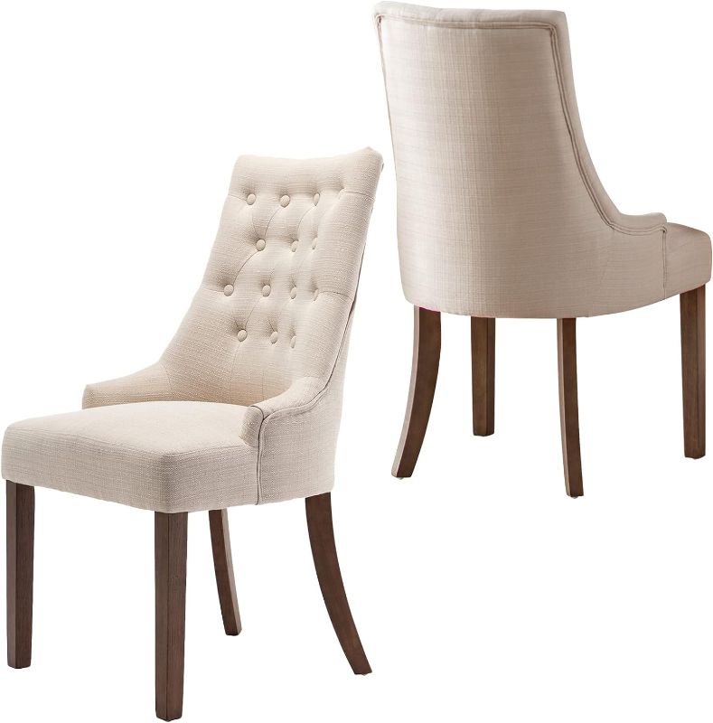 Photo 1 of (READ FULL POST) COLAMY Wingback Upholstered Dining Chairs Set of 2, Fabric Side Dining Room Chairs with Tufted Button, Living Room Chairs for Home Kitchen Resturant- Beige
