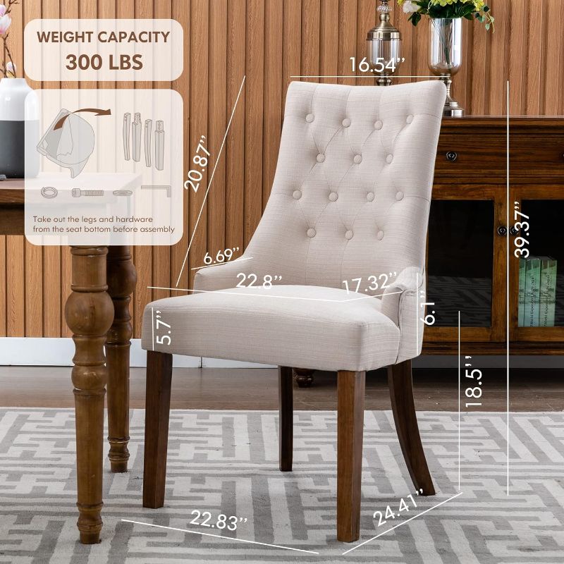 Photo 4 of (READ FULL POST) COLAMY Wingback Upholstered Dining Chairs Set of 2, Fabric Side Dining Room Chairs with Tufted Button, Living Room Chairs for Home Kitchen Resturant- Beige
