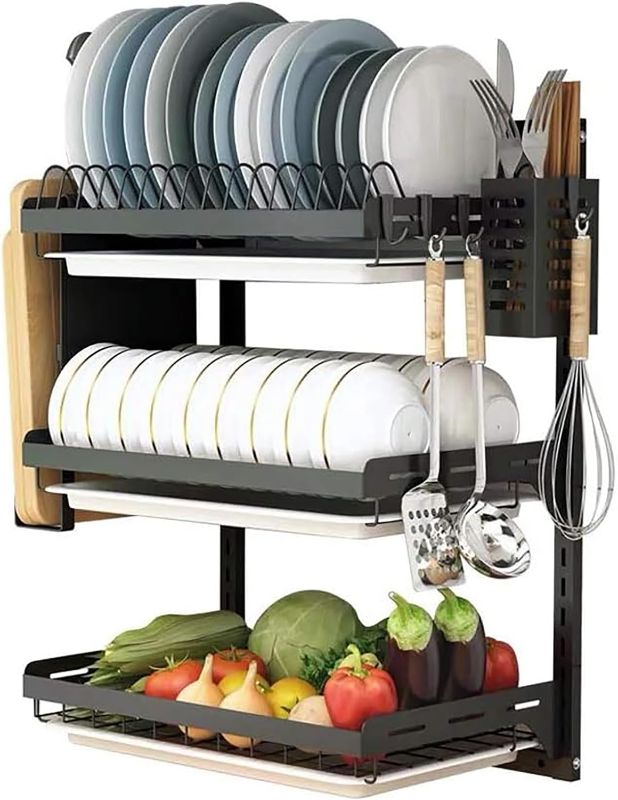 Photo 1 of 3 Tier Black Stainless Steel Dish Drying Rack Fruit Vegetable Storage Basket with Drainboard and Hanging Chopsticks Cage Knife Holder Wall Mounted Kitchen Supplies Shelf Utensils Organizer
