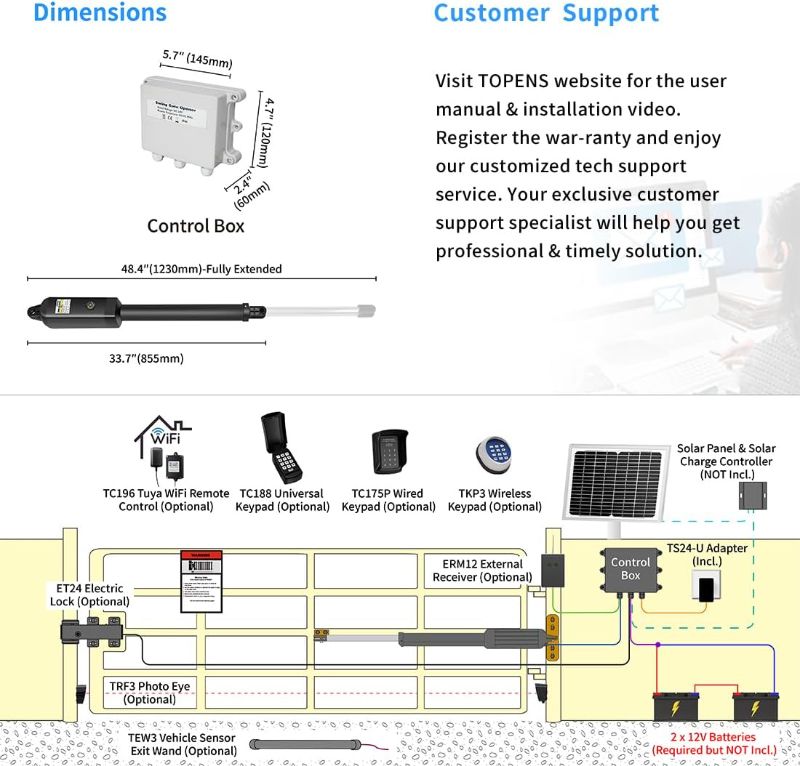 Photo 4 of (READ FULL POST) TOPENS A3 Automatic Gate Opener Kit Light Duty Single Gate Operator for Single Swing Gates Up to 12 Feet OR 300 Pounds Gate Motor