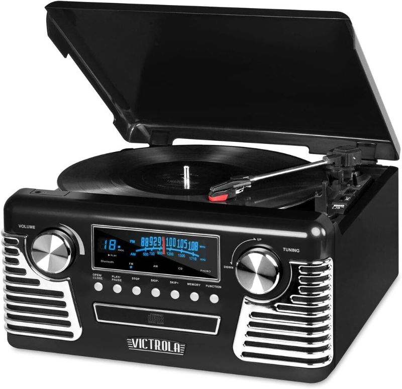 Photo 1 of Victrola 50's Retro Bluetooth Record Player & Multimedia Center, Black & Vintage Vinyl Record Storage and Carrying Case, Fits All Standard Records - 33 1/3, 45 and 78 RPM, Holds 30 Albums,Black Black Record Player 