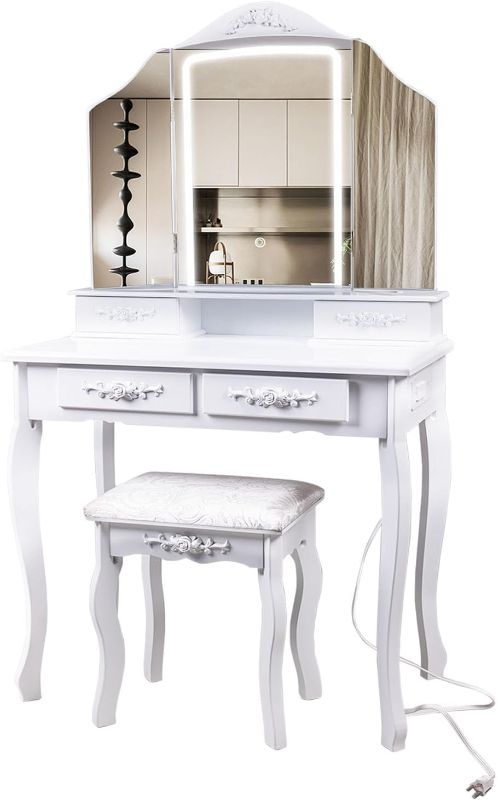 Photo 1 of (READ FULL POST) HVCBOSS Modern Makeup Vanity Desk with Folding Mirror, Power Strip, Lights, and 4 Drawers - Dressing Table Set with 3 Lighting Color Adjustable Mirror Lighting
