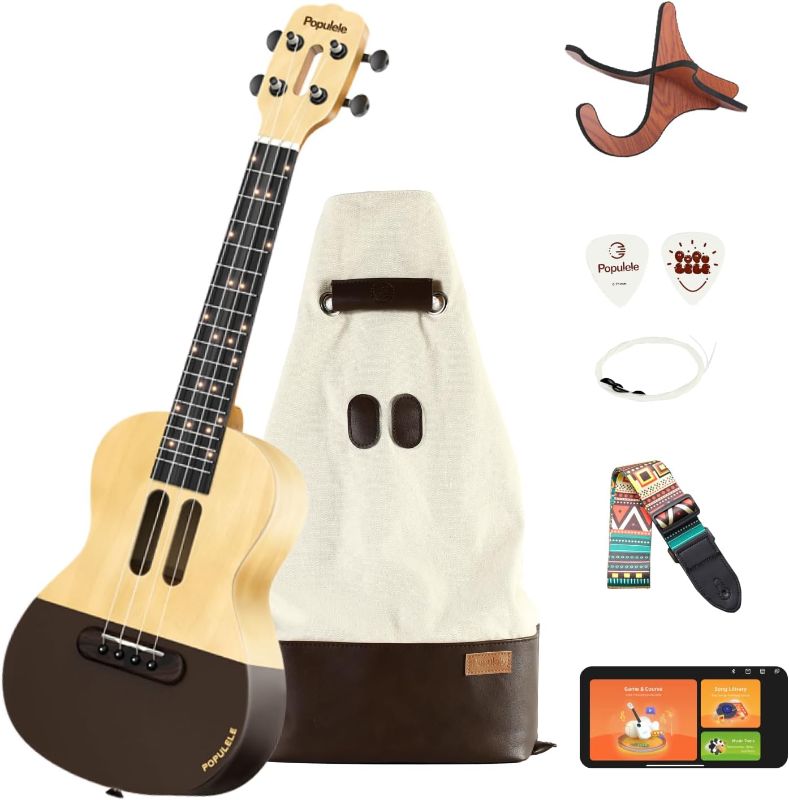 Photo 1 of Populele 23" Carbon Fiber Concert Ukulele- Smart Self-Teaching Interactive Lessons, Auto Tuner, Gig Stand, Strap, Nylon Strings, and Smart Lighting Fingerboard - Professional Ukulele Gift Black