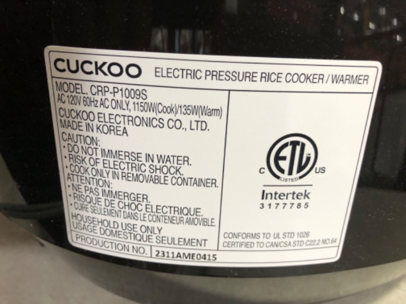 Photo 6 of ***USED - POWERS ON - UNABLE TO TEST FURTHER***
CUCKOO CRP-P1009SB | 10-Cup (Uncooked) Pressure Rice Cooker | 12 Menu Options