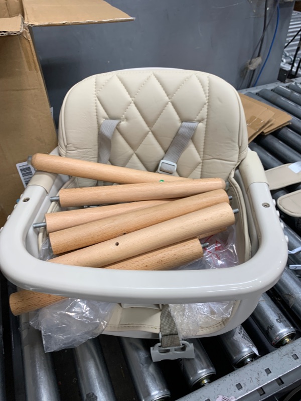 Photo 2 of 3-in-1 Convertible Wooden High Chair,Baby High Chair with Adjustable Legs & Dishwasher Safe Tray, Made of Sleek Hardwood & Premium Leatherette, Cream Color