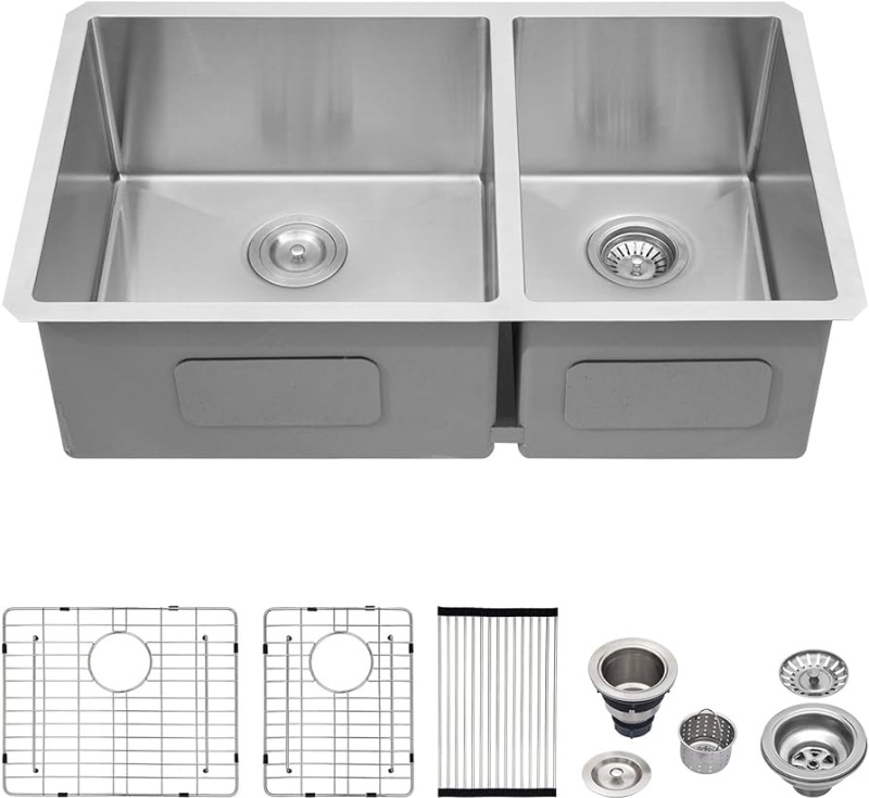 Photo 1 of 33 Inch Undermount Double Sink - Logmey Stainless Steel Undermount Kitchen Sink 16 Gauge Double Bowl 60/40 Kitchen Sink 33x19x9 Inches