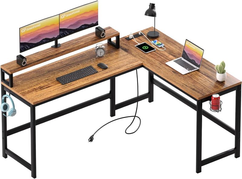 Photo 1 of GreenForest Small L Shaped Desk with Power Outlets, 50.4 Inches Reversible Corner Computer Desk with Monitor Stand, Home Office Gaming Desk with Headphone Hook, Cup Holder, Walnut