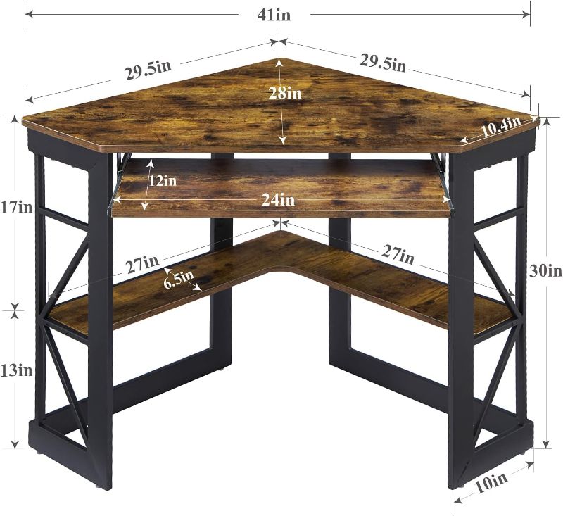 Photo 1 of KHD-XJM-CD03-ATB Desk, Medium/Dark Brown VECELO Corner Computer Desk 41 x 30 inches with Smooth Keyboard & Storage Shelves for Home Office Workstation, Antique Brown
