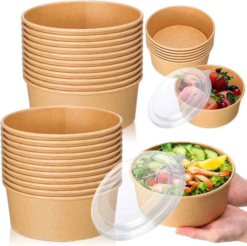 Photo 1 of 100 Pack 37oz Salad Bowls with Lids Disposable Paper Bowls with Lids Paper Deli Bowls with Lids Disposable Food Containers Soup Bowls Kraft Paper Bowls for Salad Soup Ice Cream Yogurt Hot or Cold Food 