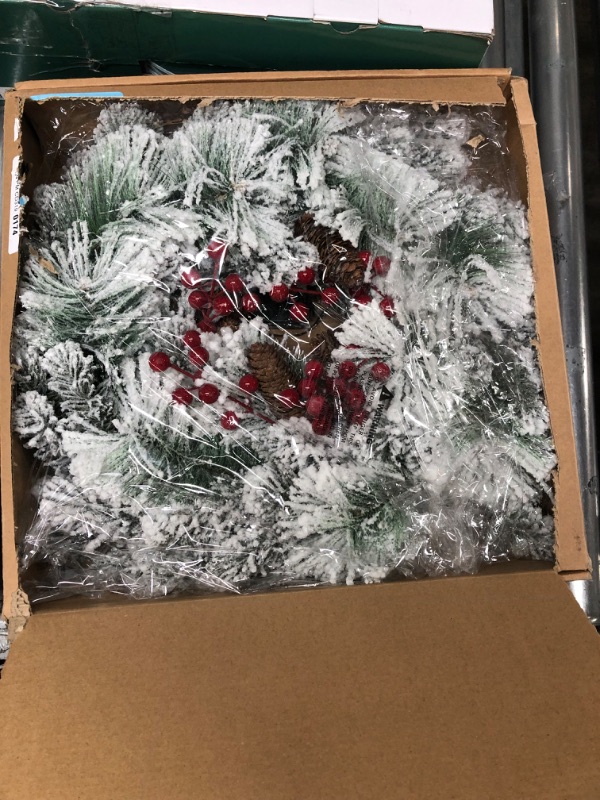 Photo 2 of 22 inch Lighted Pine-Cone red Berry Winter White Snow Flocked Christmas Wreath Battery Operated Cordless with 15 Warm led Lights pre-lit for Front Door Outside, Corona de Navidad para puerta 22"