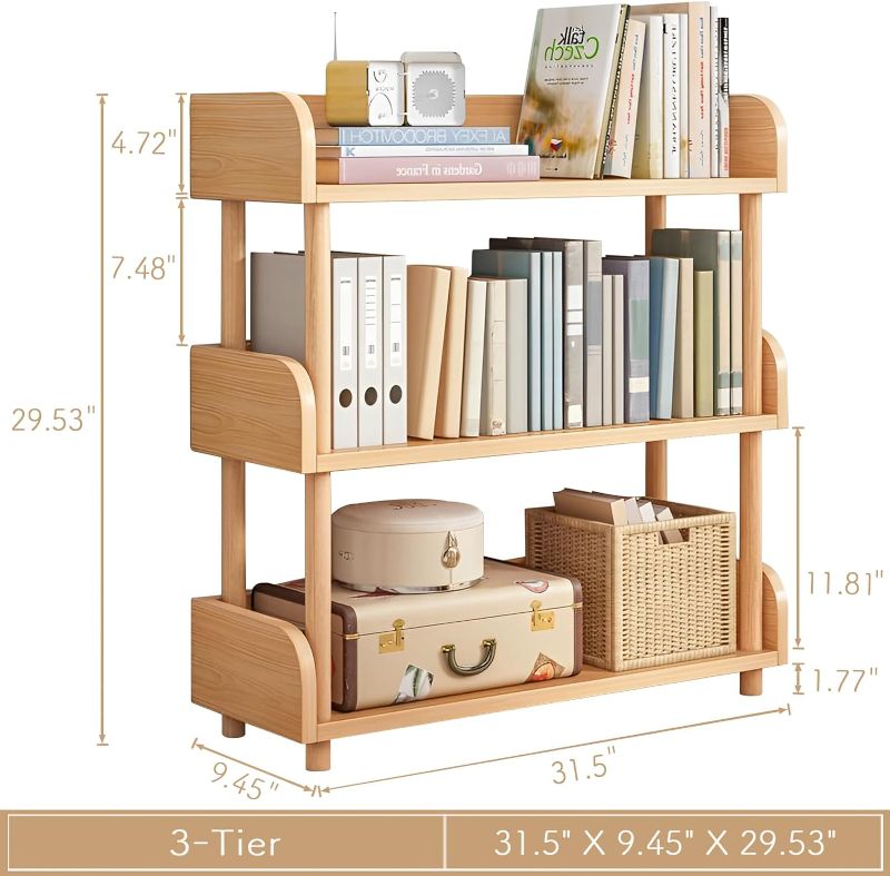 Photo 3 of (READ NOTES) OSCHF 3-Tie Wooden Open Bookcase - Modern Display Bookshelf with Top Edge and Solid Wood Frame for Home and Office, Storage Cabinet, Oak
