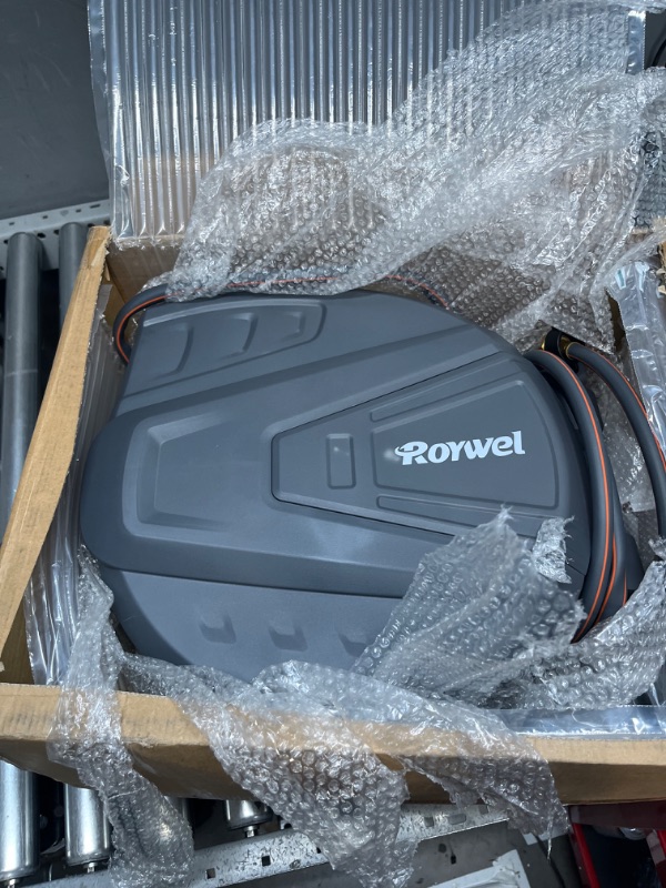 Photo 2 of ***SEE NOTE*** Roywel Retractable Garden Hose Reel 1/2 in x 100ft,Retractable Hose Reel Wall Mount,with 9- Function Sprayer Nozzle,Self-Rewind,Slow Retraction,Self-Locking,Wall Mounted,180° Pivot Bracket 1/2 100FT Grey