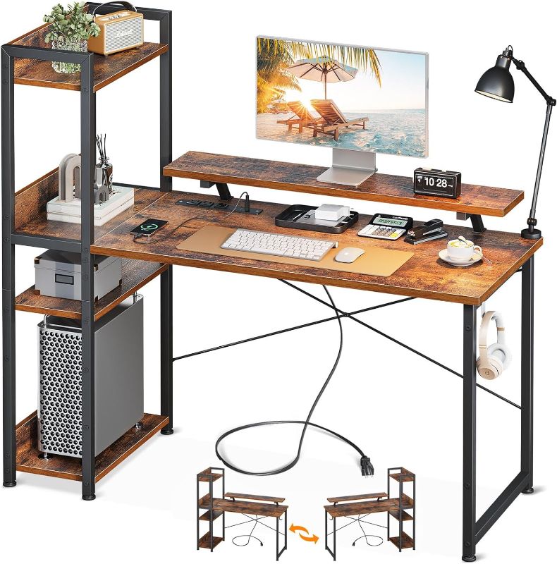 Photo 1 of **SEE NOTES/FOR PARTS**
ODK Reversible Computer Desk with Power Outlets & USB Charging Port, 48 Inch Gaming with Storage Shelves and Monitor Stand, Modern Writing Study Desk, Rustic Brown