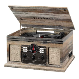 Photo 1 of Victrola Nostalgic 6-in-1 Bluetooth Record Player & Multimedia Center & Cassette Player, AM/FM Radio | Wireless Music Streaming | Farmhouse Shiplap Grey & Wooden Record Crate, Wood Color Farmhouse Shiplap Grey Entertainment Center + Record