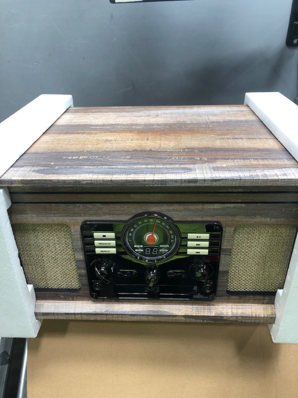 Photo 3 of Victrola Nostalgic 6-in-1 Bluetooth Record Player & Multimedia Center & Cassette Player, AM/FM Radio | Wireless Music Streaming | Farmhouse Shiplap Grey & Wooden Record Crate, Wood Color Farmhouse Shiplap Grey Entertainment Center + Record