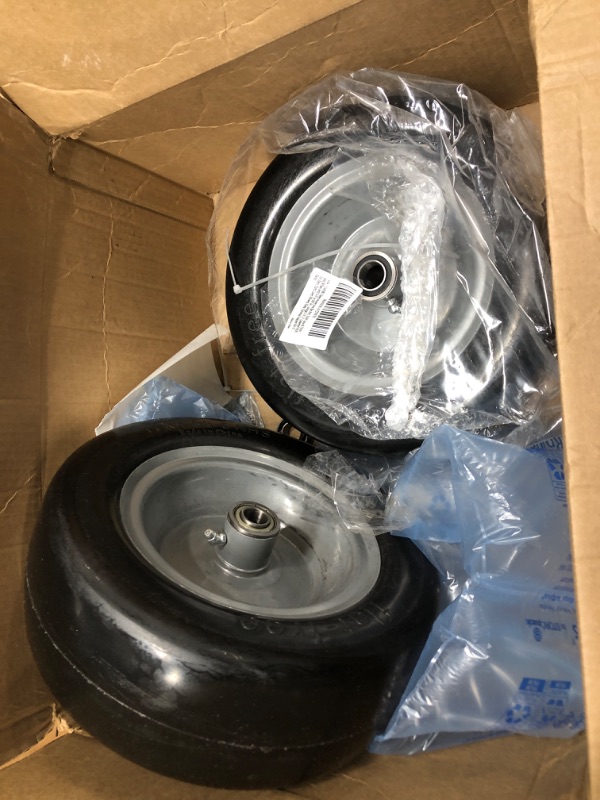 Photo 2 of 11x4.00-5 lawn mower tires flat free, Solid Smooth Tires and Wheel with 3/4" or 5/8" & 1/2" Precision bearings, 3.4"-5" Centered Hub, for Zero-Turn Lawn Mowers, Extra Universal Adapter Kit (2 Pack)