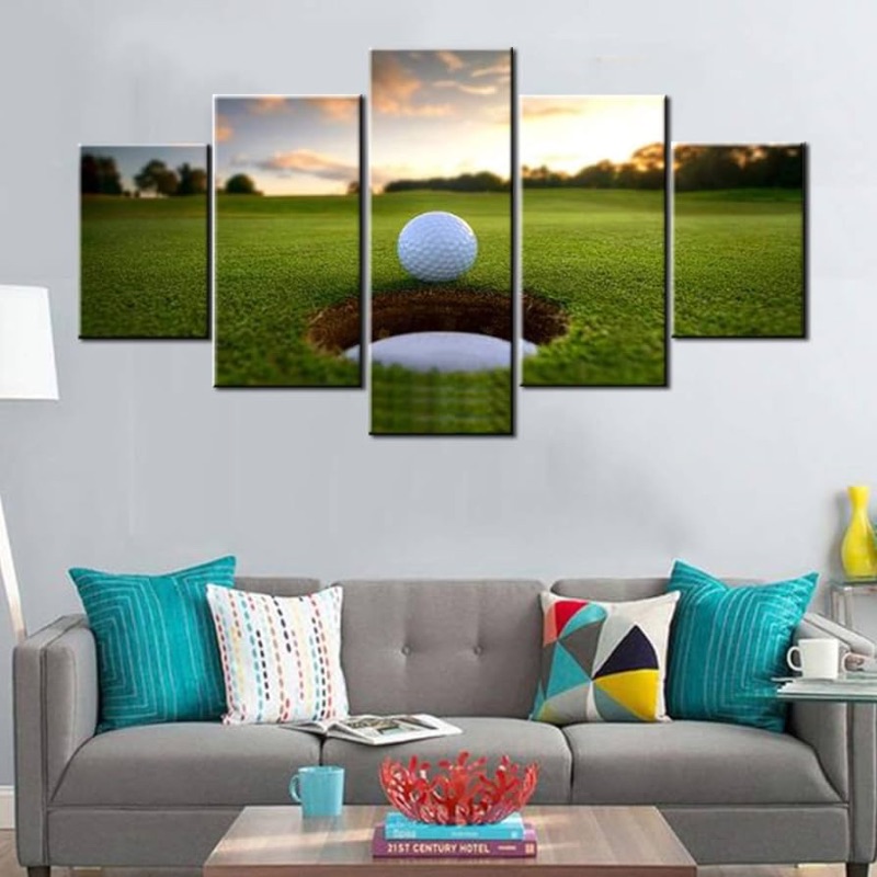 Photo 1 of 5 Piece Canvas Wall Art for Living Room Golf Course Pictures White Golf Ball Paintings Green Lawn Scenery Artwork Gallery-Wrapped Modern Home Decor Framed Ready to Hang Posters and Prints(60''Wx32''H)