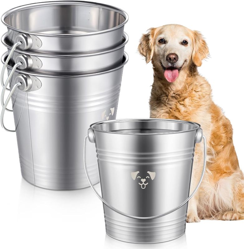 Photo 1 of 4 Pcs Stainless Steel Water Bucket for Dogs Metal Pail with Handle Puppy Dog Water Dispenser Hanging Bowls for Fences, Cages, Kennel