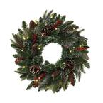 Photo 1 of 24 in. Artificial Frosted PVC Wreath with Berries, Twigs, and Pinecones, and 25 LED Lights
