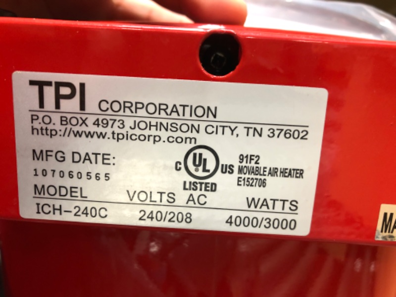 Photo 3 of ***SEE NOTES***TPI ICH240C Series ICH Construction Site/Utility Fan Forced Portable Heater, 4000/3000W, 16.7/14.4 Amp Floor/Bench, Fan-Forced Heater 4000