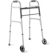 Photo 1 of  2-Button Aluminum Folding Walker w 5in Wheels, 300lb 1Ct