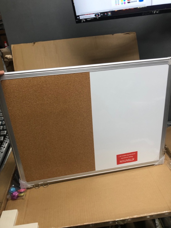 Photo 1 of Magnetic Cork Board White Board Combo, Vision Board 2023, 24" x 18" Half Corkboard Whiteboard Combo, Bulletin Pin Board for Office Wall w/Markers, Eraser, Magnets, Pins Silver 24x18