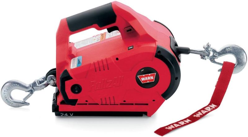 Photo 1 of **SEE NOTES**
WARN 885005 PullzAll Cordless 24V DC Portable Electric Winch with Steel Cable and 2 Rechargeable Battery Packs: 1/2 Ton (1,000 lb) Pulling Capacity, red
