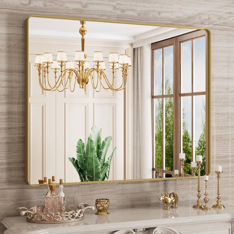 Photo 1 of 40 x 32 Inch Brushed Gold Bathroom Mirror Rectangular Wall Mirror Metal Frame Hanging Mirrors Simplicity Decor for Bedroom Living Room Bathroom Entryway, Horizontal or Vertical Hangs