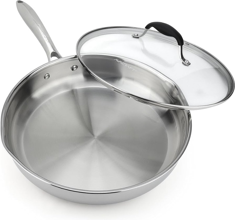 Photo 1 of AVACRAFT 18/10 12 Inch Stainless Steel Frying Pan with Lid, Side Spouts, Induction Pan, Versatile Stainless Steel Skillet, Fry Pan in our Pots and Pans (Tri-Ply Stainless Steel, 12 Inch)