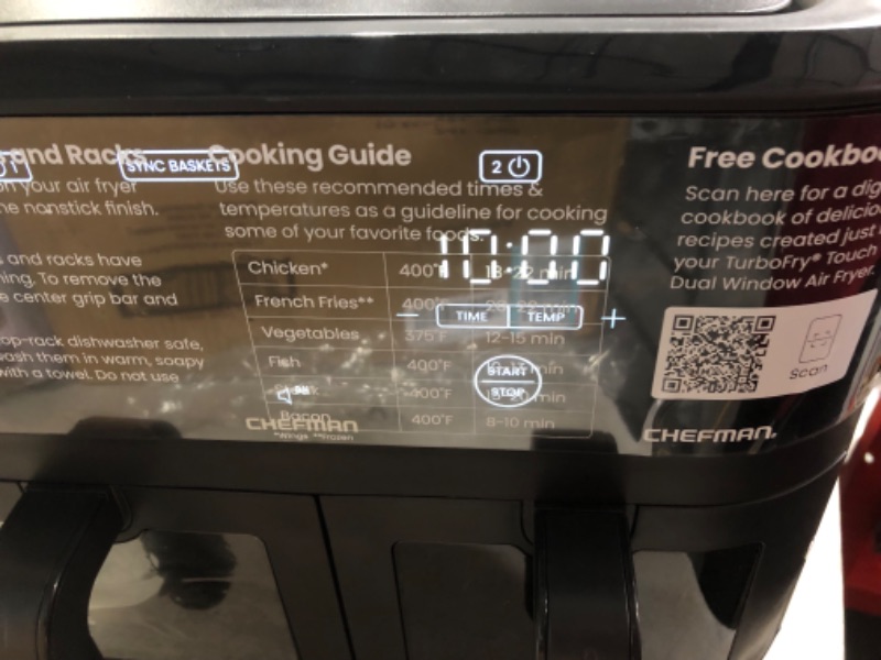 Photo 7 of ***USED - POWERS - ON - UNABLE TO TEST FURTHER - SEE PICTURES***
CHEFMAN 6 Quart Dual Basket Air Fryer Oven with Easy View Windows, Sync Finish, Hi-Fry, Auto Shutoff, 2 Independent 3Qt Nonstick Dishwasher Safe Frying Baskets, Digital Double Air Fryer - Bl