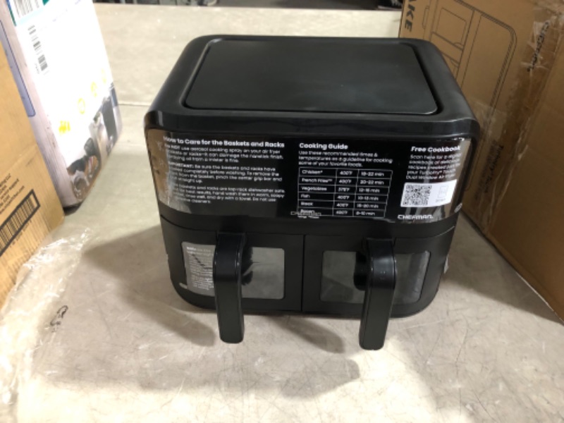 Photo 6 of ***USED - POWERS - ON - UNABLE TO TEST FURTHER - SEE PICTURES***
CHEFMAN 6 Quart Dual Basket Air Fryer Oven with Easy View Windows, Sync Finish, Hi-Fry, Auto Shutoff, 2 Independent 3Qt Nonstick Dishwasher Safe Frying Baskets, Digital Double Air Fryer - Bl