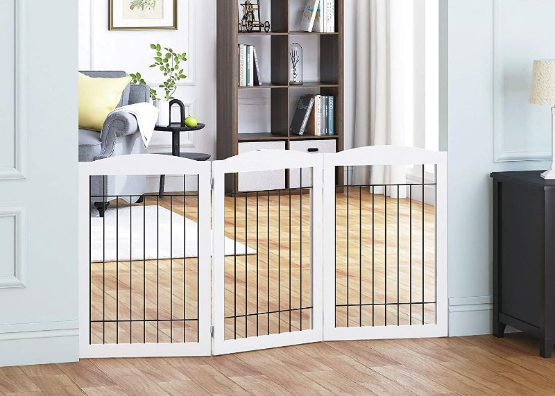 Photo 1 of (READ FULL POST) Spirich Freestanding Wire Pet Gate for Dogs, 60 inches Extra Wide, 30 inches Tall Dog Gate for The Houes, Doorway, Stairs, Pet Puppy Safety Fence, White- 3 Panels(No Include Support Feet)
