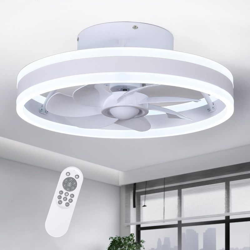 Photo 1 of 16" Modern Ceiling Fans with Lights and Remote, Dimmable Low Profile Ceiling Fan, Flush Mount Bladeless Ceiling Fan, Stepless Color Temperature Change and 6 Speeds - White
