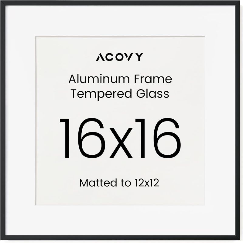 Photo 1 of 16x16 Aluminum Picture Frame with White Color Mat for 12x12, HD Tempered Glass, Metal Poster Frame Photo Frame for Wall Display (Black, Pack of 1)