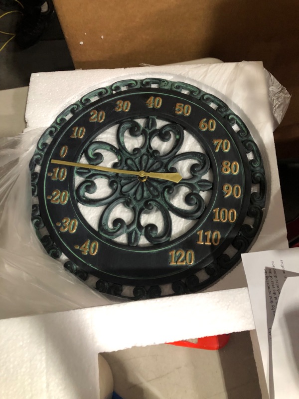 Photo 4 of **READ NOTES BELOW***Lily's Home Hanging Verdigris Wall Clock and Dial Thermometer Set, Ideal for Indoor and Outdoor Use, Makes a Great Housewarming Gift, Black (13 Inches) Clock & Thermometer Combo