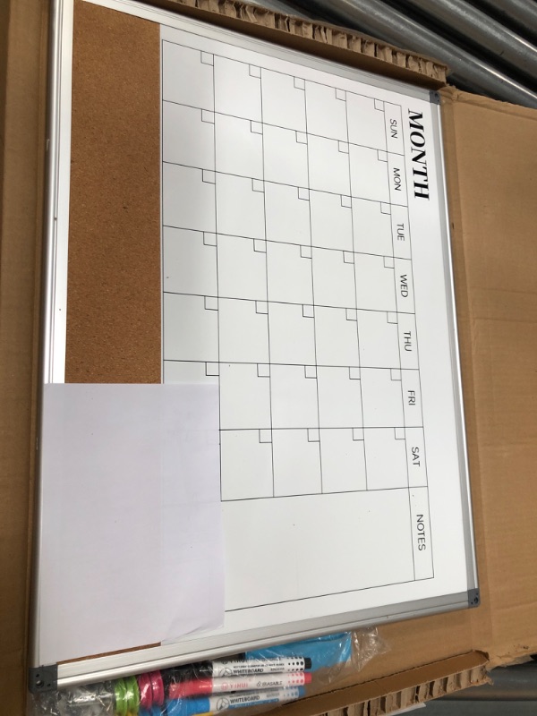 Photo 1 of QUEENLINK Dry Erase Calendar, Double-Sided Magnetic Whiteboard Calendar for Wall, 24"x18" Aluminum Frame White Board Cork Board Combo, Memo Message Board for Office, Home, School, Kitchen Silver 24"x18"