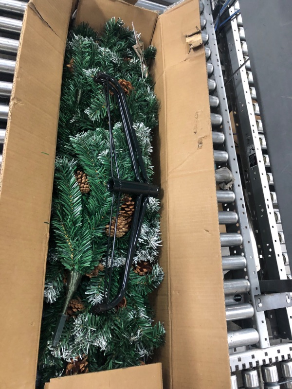 Photo 1 of 6ft Flocked Christmas Tree with Decorations (900 PVC Branch Tips & 56 Pine Cones), Metal Hinges & Base, Green and White Slight Pre-Decorated Artificial Xmas Tree 6 feet | Add Holiday Touch