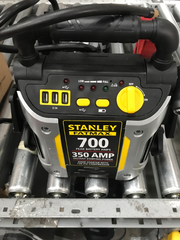 Photo 2 of STANLEY FATMAX J7CS Portable Power Station Jump Starter: 700 Peak/350 Instant Amps, 120 PSI Air Compressor, 3.1A USB Ports, Battery Clamps