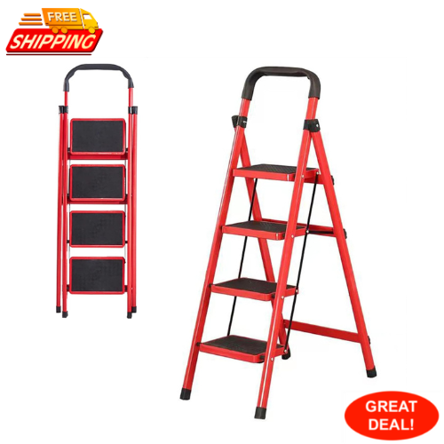 Photo 2 of 4 Step Ladder Folding Step Stool with Wide Anti-Slip Pedal,Red Lightweight Collapsible 4 Stair Ladder for Adults Home Kitchen Pantry Office