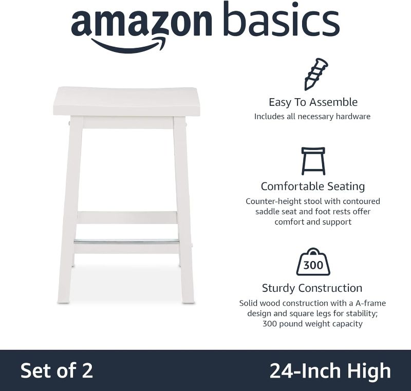 Photo 3 of (READ FULL POST) Amazon Basics Solid Wood Saddle-Seat Kitchen Counter-Height Stool, 24-Inch Height, White - Set of 2 White 24" Counter Stool