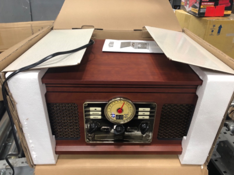 Photo 2 of Victrola Nostalgic 6-in-1 Bluetooth Record Player & Multimedia Center with Built-in Speakers - 3-Speed Turntable, CD & Cassette Player, FM Radio | Wireless Music Streaming | Mahogany Mahogany Entertainment Center