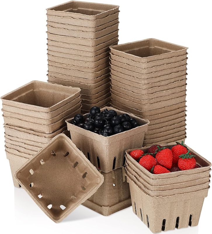 Photo 1 of 100 Pcs Natural Pulp Fiber Berry Basket 1 Pint Molded Pulp Fiber Berry Basket Produce Vented Container for Fruit and Vegetable, Farmer Market, Grocery Stores and Backyard Party, 4.3 x 4.3 x 3 Inch