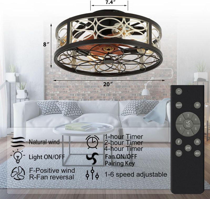 Photo 1 of LSEPOUM Caged Ceiling Fan with Light Control Remote, Timing 6-speed Modern Enclosed Reversible Motor, 20-inch Low Profile Flush Mount Farmhouse Bladeless...
