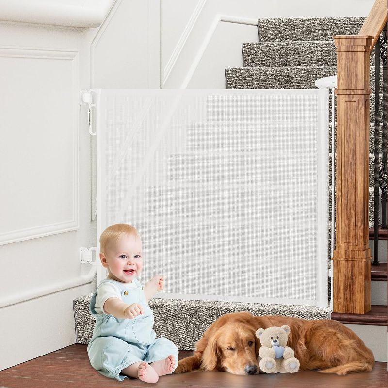 Photo 1 of Retractable Baby Gates Extra Wide, PRObebi Retractable Dog Gate for The House Extends to 54" Wide 34" Tall, Gates for Baby Indoor, Stair Gate for Outdoor, Staris, Hallways, Doorways, Deck, Porch
