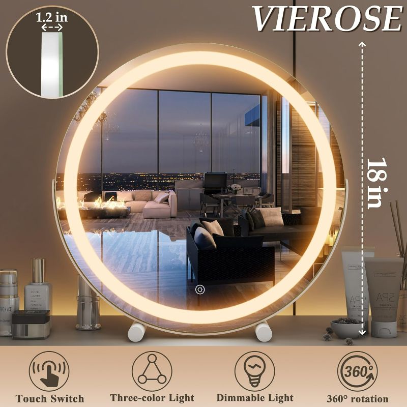 Photo 3 of (READ FULL POST) Vierose 18 Inch Large Vanity Mirror with Lights, Round LED Makeup Mirror, Light Up Mirror Makeup Mirror with Lights for Bedroom Tabletop, Smart Touch Control 3 Colors Dimmable, 360° Rotation (White)
