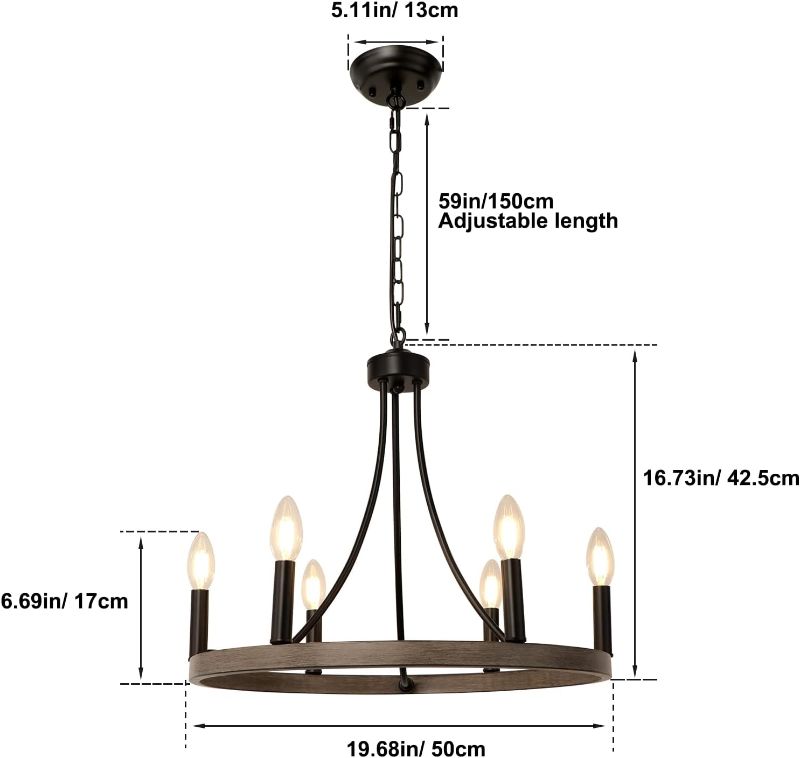 Photo 3 of (READ FULL POST) WBinDX Wagon Wheel Chandelier Diam 20'', 6 Lights Rustic Farmhouse Chandelier Black Faux Wood Metal Dining Room Light Fixture, Candle Round Chandeliers for Entryway Kitchen Living Room Foyer 6-Lights