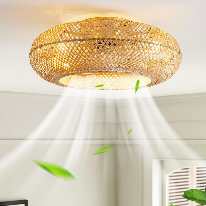 Photo 1 of 20" Woven Caged Ceiling Fans with Lights and Remote, Low Profile Bladeless Flush Mount Ceiling Fan, Enclosed Boho Ceiling Fan Light for Living Room, Bedroom, Kitchen, Reversible, 4 Bulbs